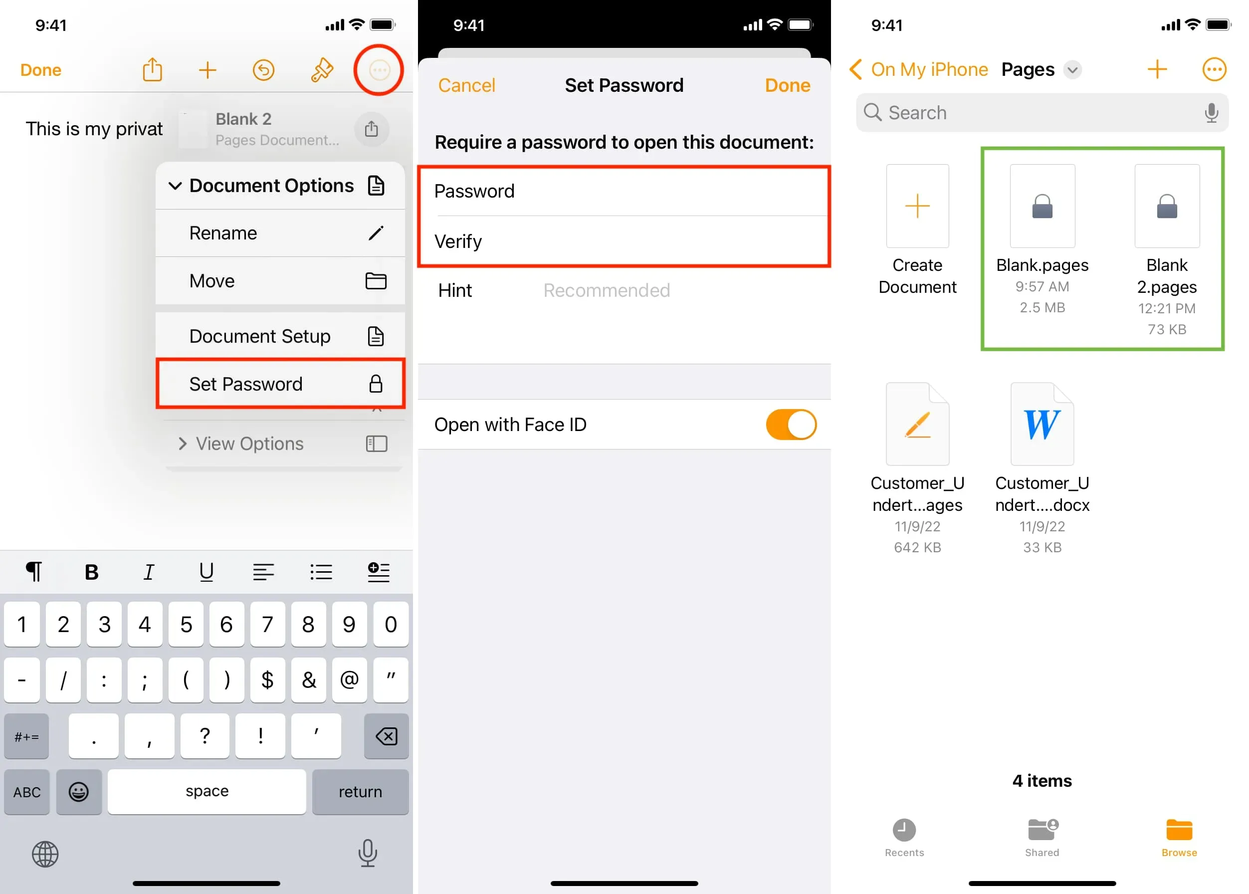 Fichiers protégés par mot de passe dans l'application iPhone Pages