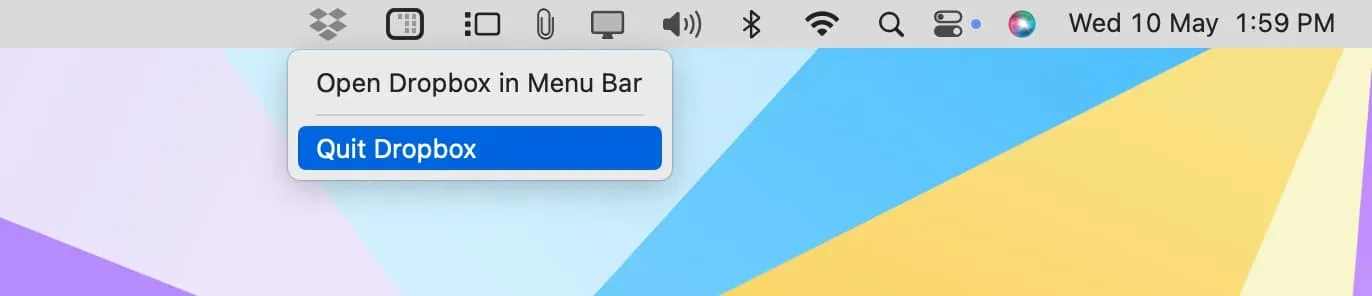 Mac 메뉴 표시줄에서 Dropbox 종료