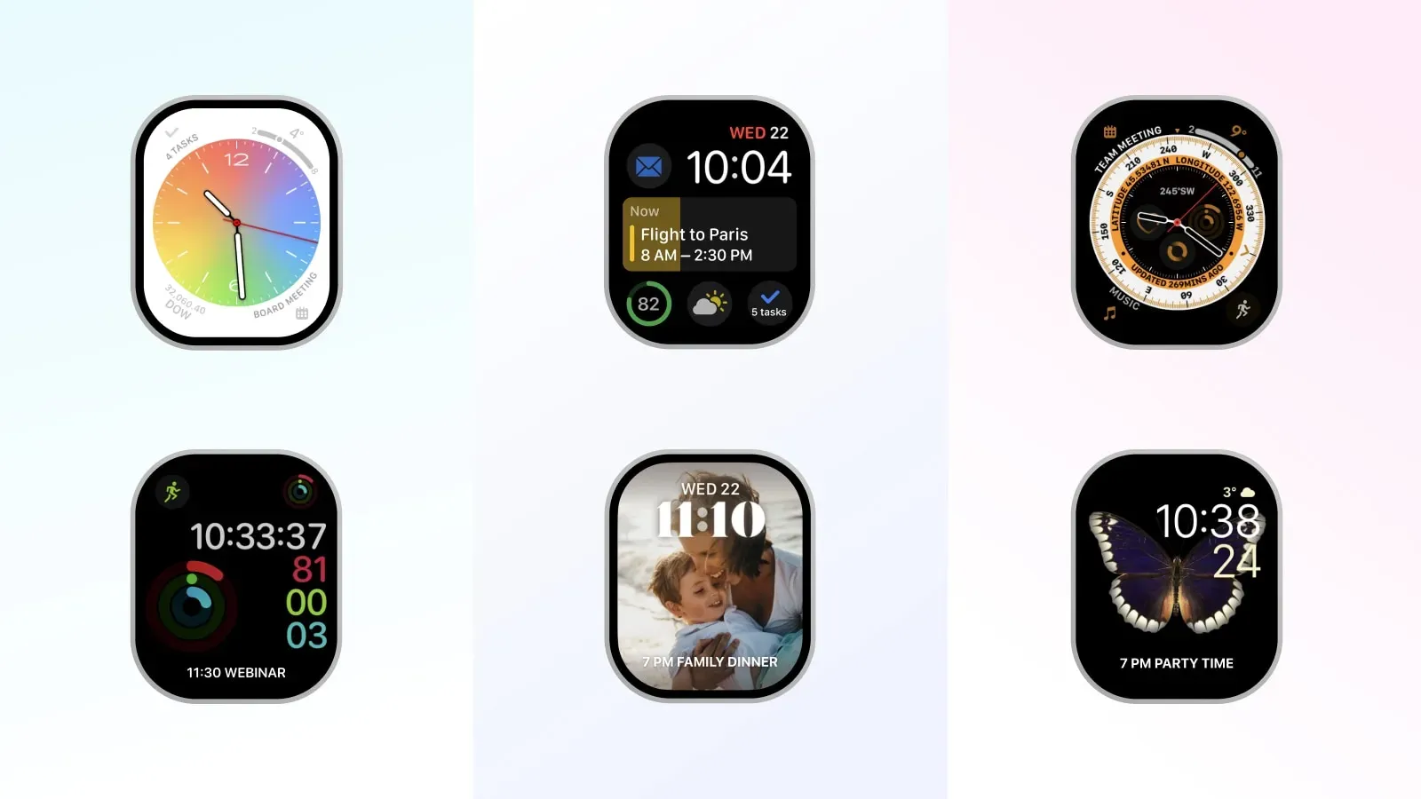 Visueel overzicht van zes nieuwe Apple Watch-wijzerplaten in Readdle Calendars
