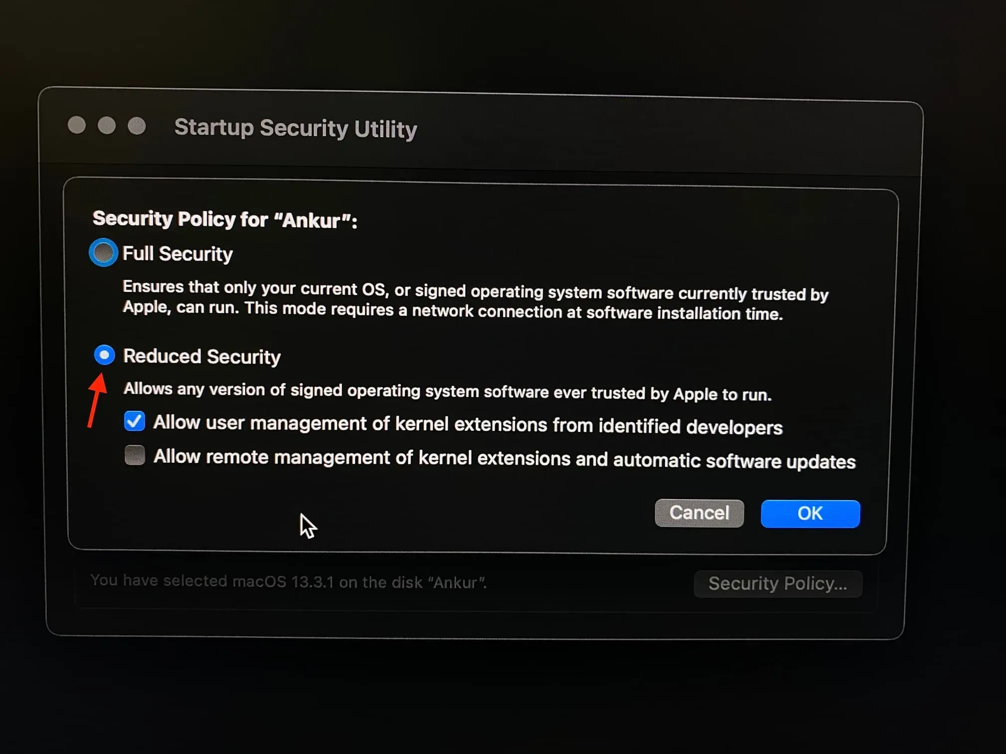 Снижение безопасности для Mac