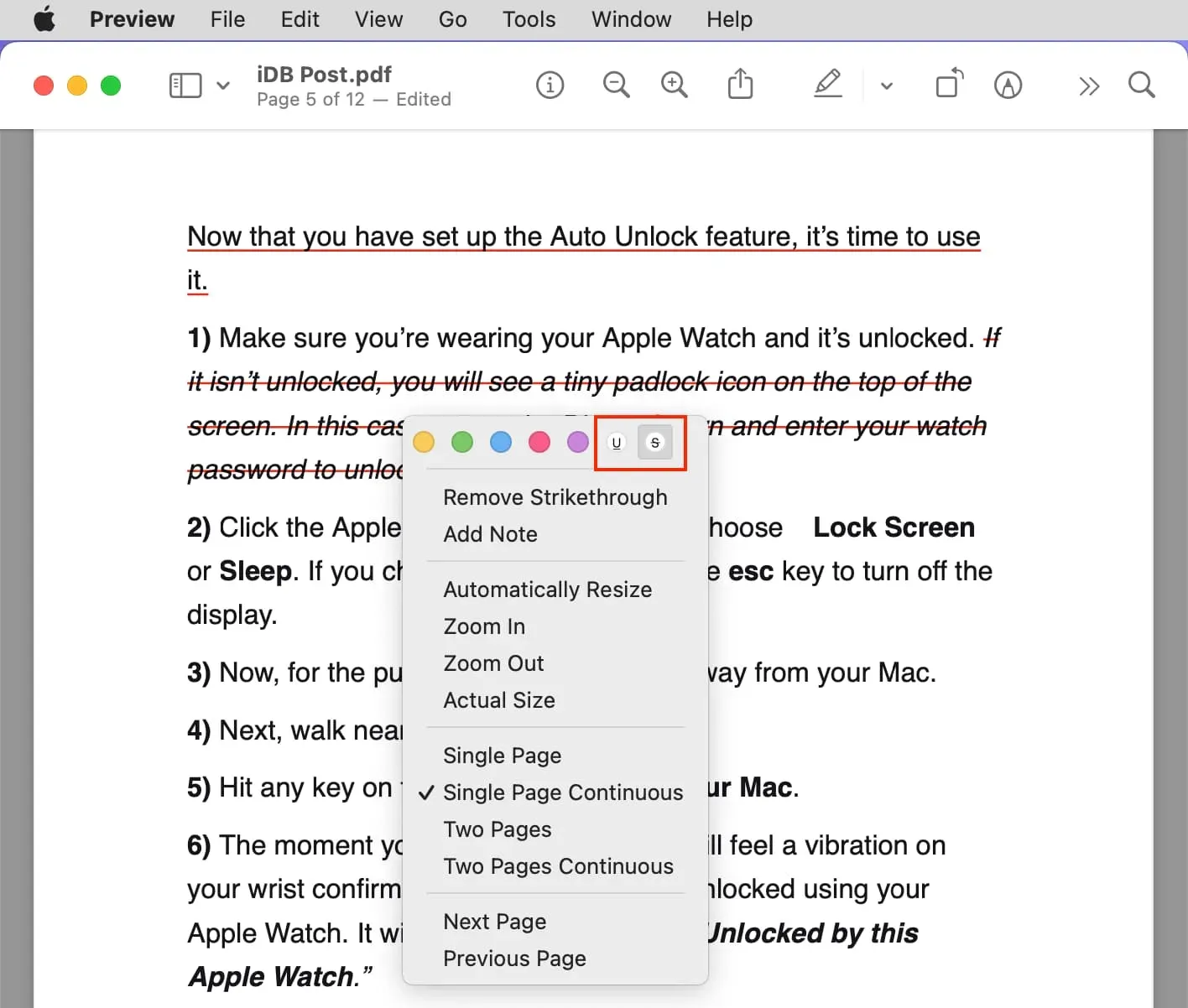 Удаление подчеркивания или зачеркивания текста PDF в программе «Просмотр» на Mac