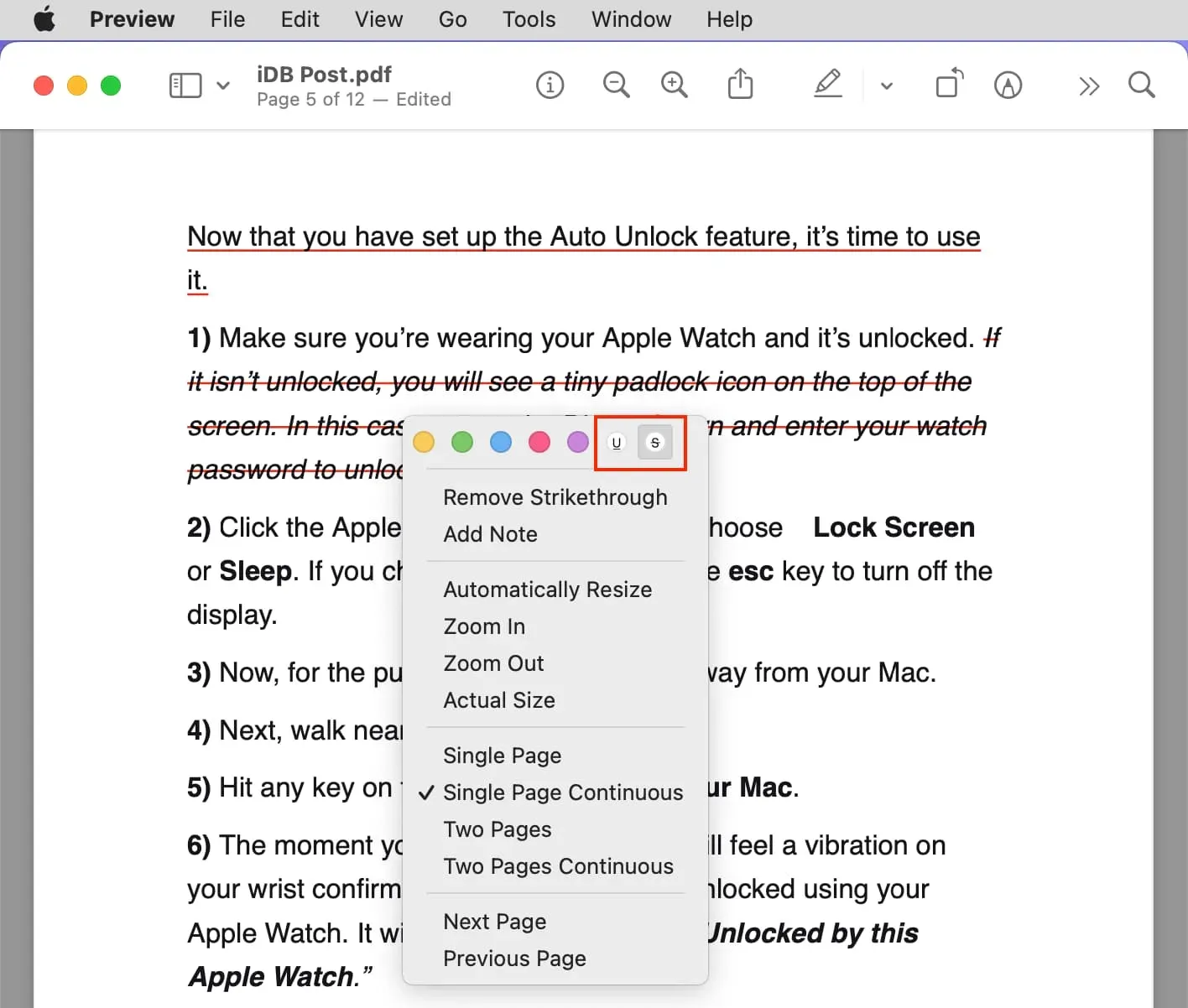 Rimuovi la sottolineatura o il barrato dal testo PDF in Anteprima su Mac