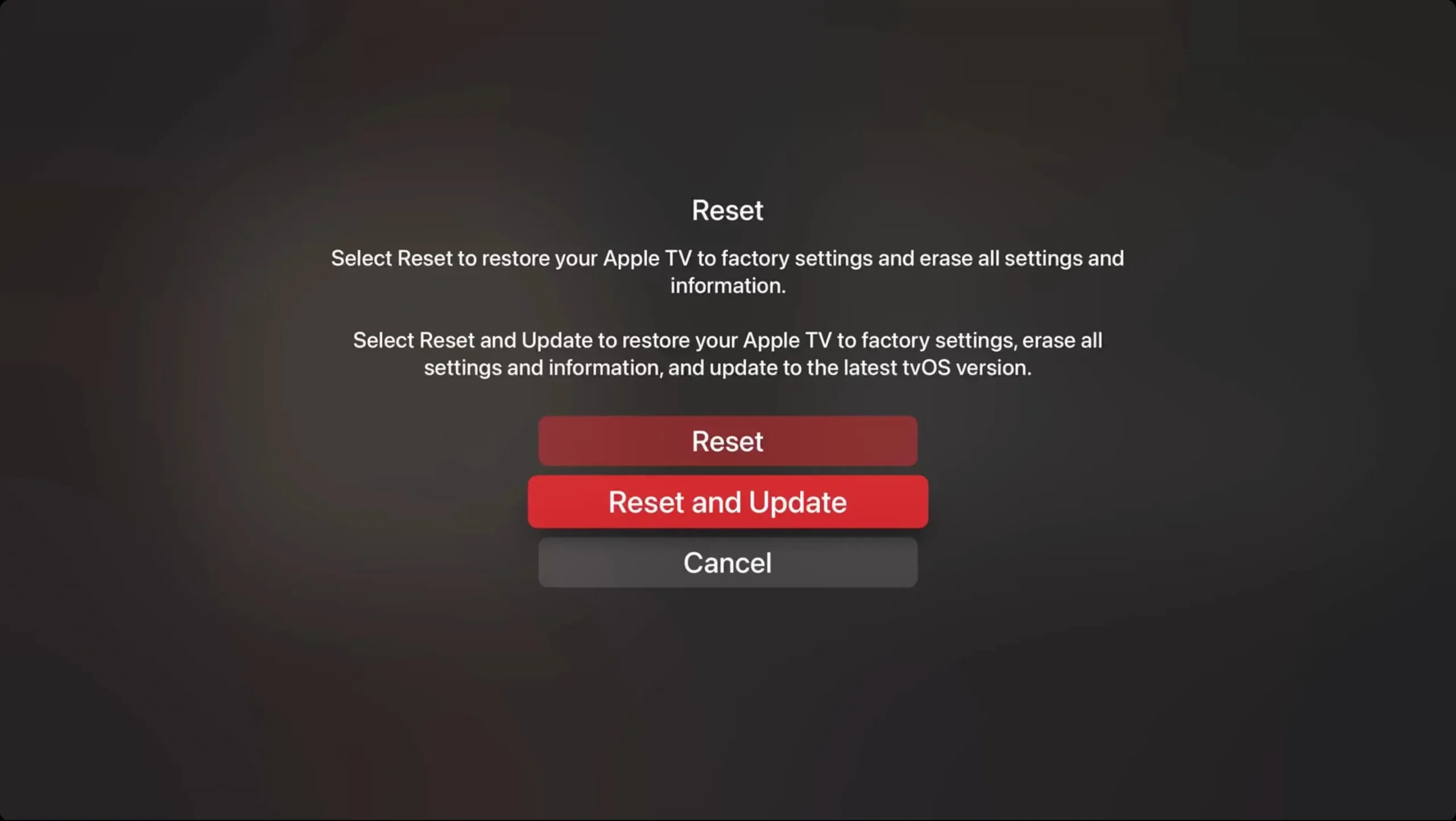 Reset Apple TV from settings