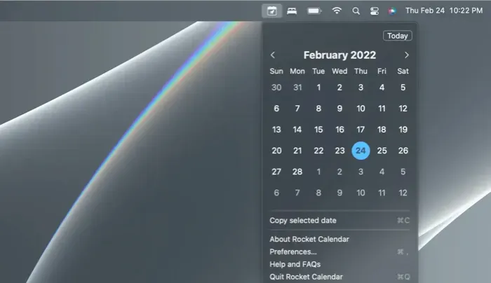 Скриншот приложения строки меню Rocket Calendar для Mac