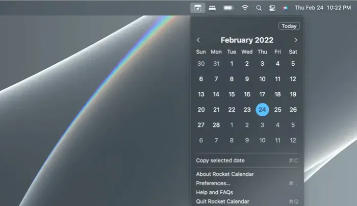 Zrzut ekranu aplikacji Rocket Calendar na Macu z paskiem menu