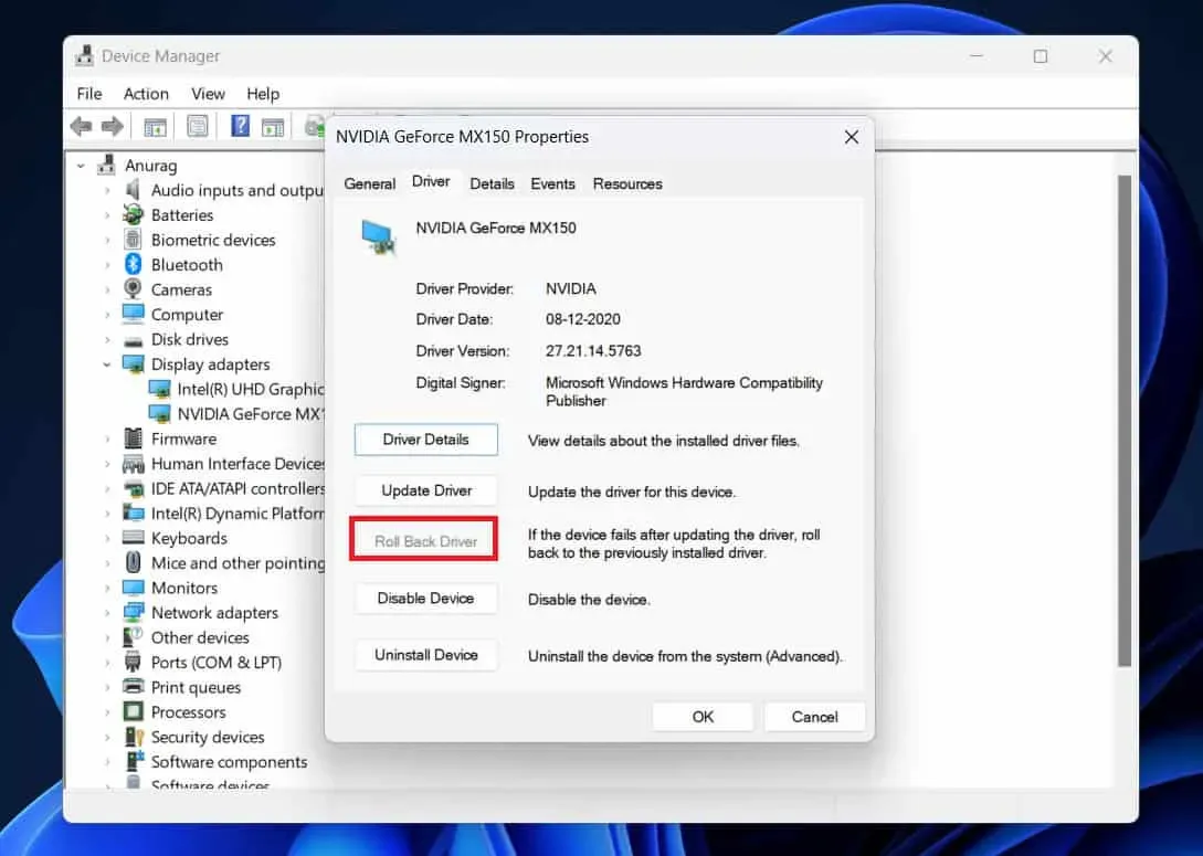 Kuidas Windows 11-s NVIDIA draivereid tagasi saata?