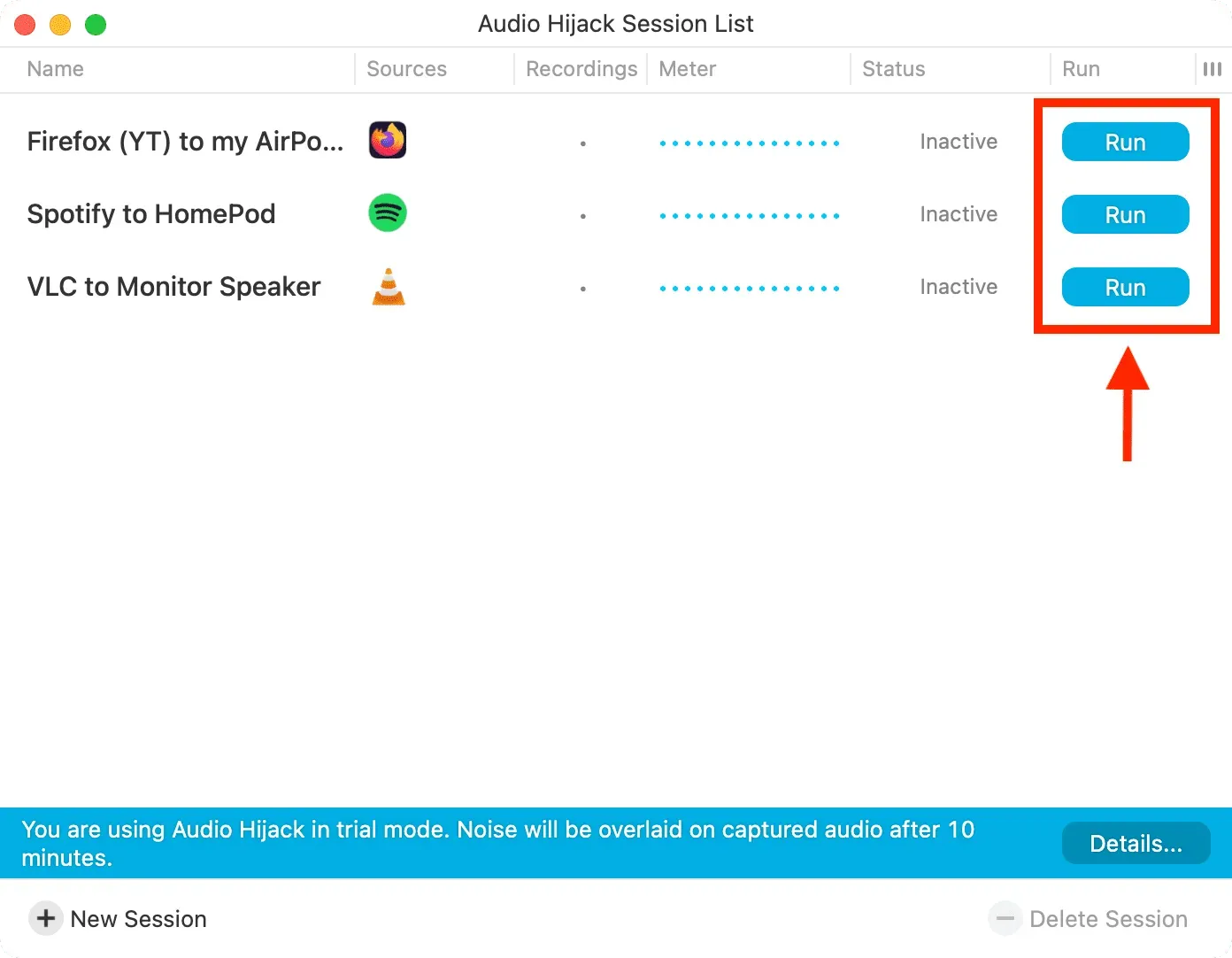 Kör skapade regler i Audio Hijack på Mac