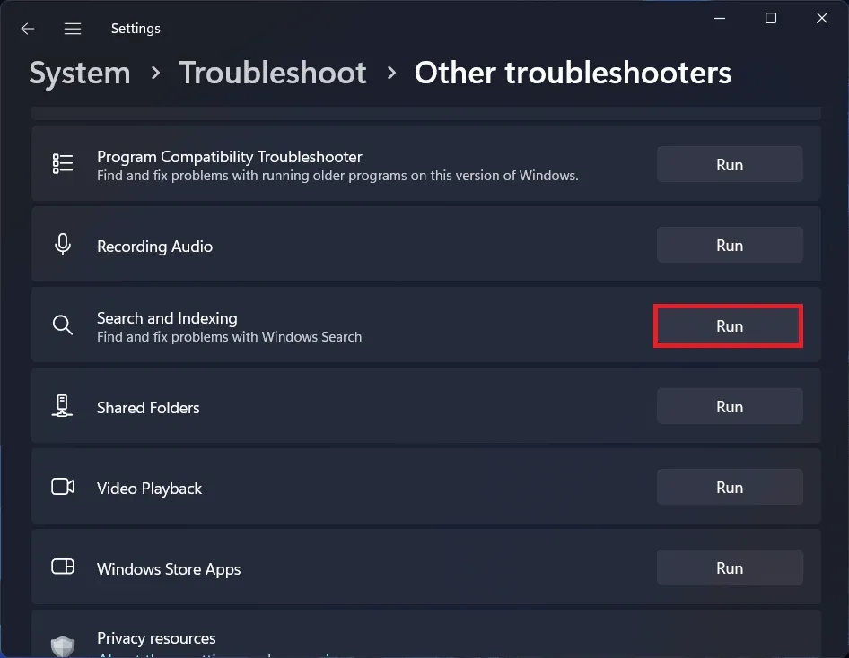 Run Search And Indexing Troubleshooter