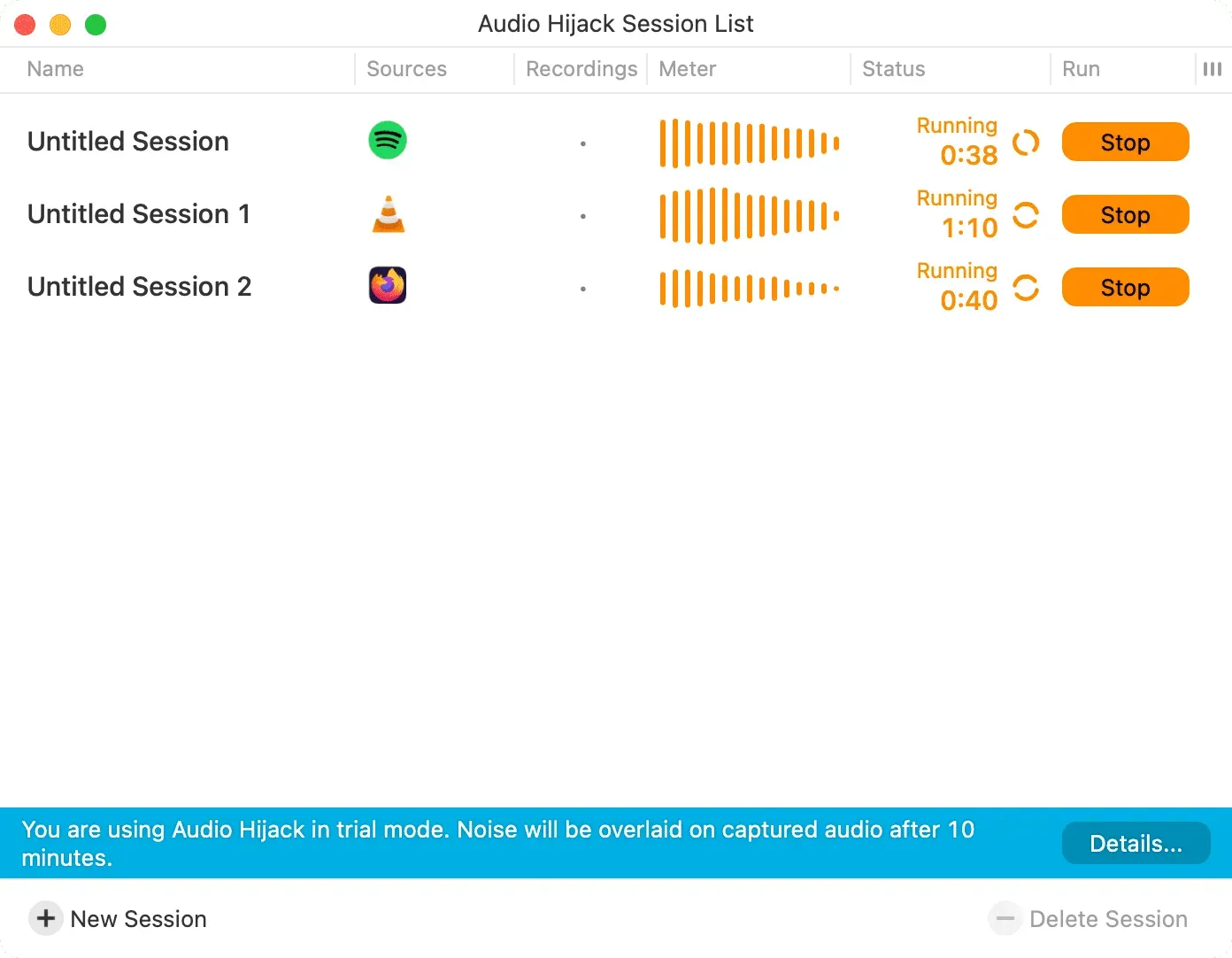 Running sessions in Audio Hijack on Mac