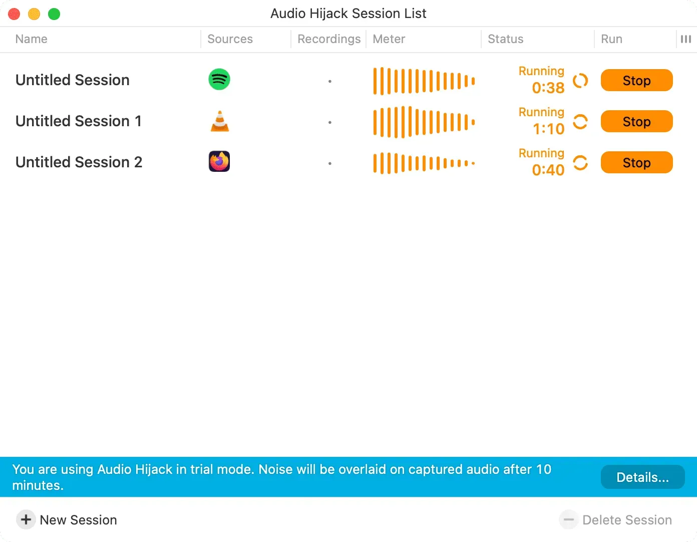 Istunnon suorittaminen Audio Hijackissa Macissa