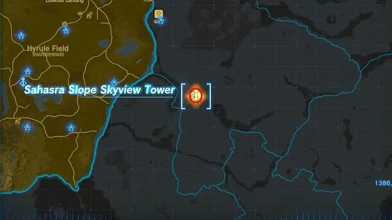 Sahasra Slope Skyview bokšto vieta zelda totk