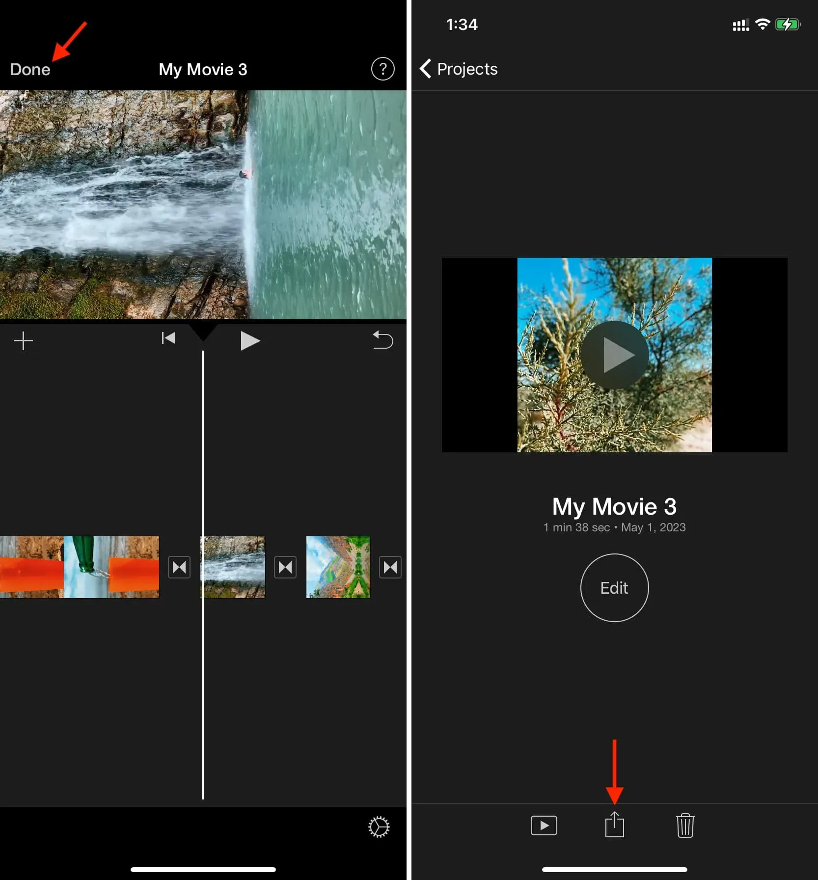 Сохранение вертикально отредактированного видео из iMovie в «Фото» на iPhone