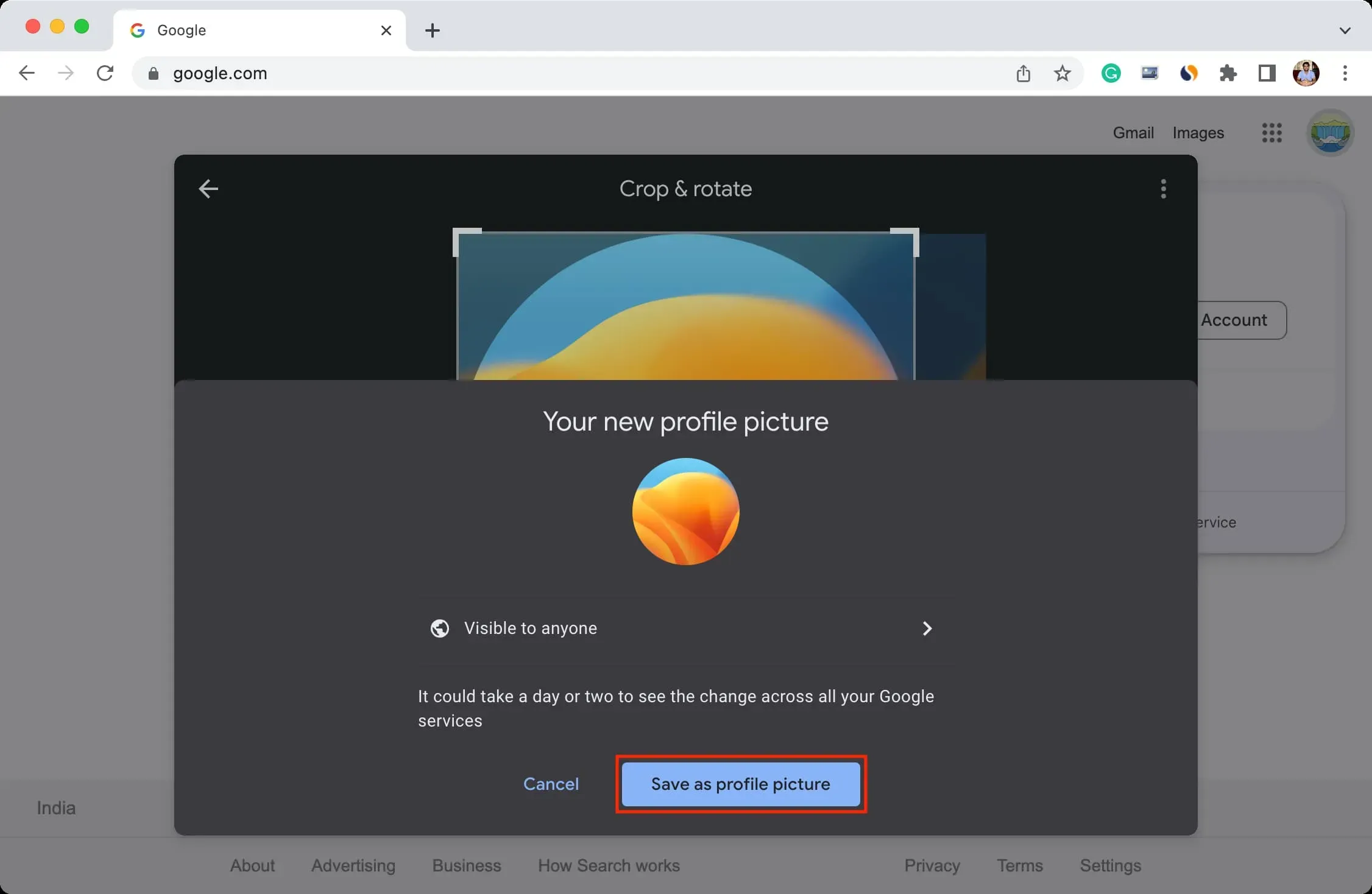 Сохраните новое изображение профиля Google.