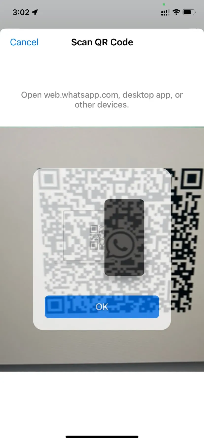 Escanee el código QR web de WhatsApp usando WhatsApp en iPhone