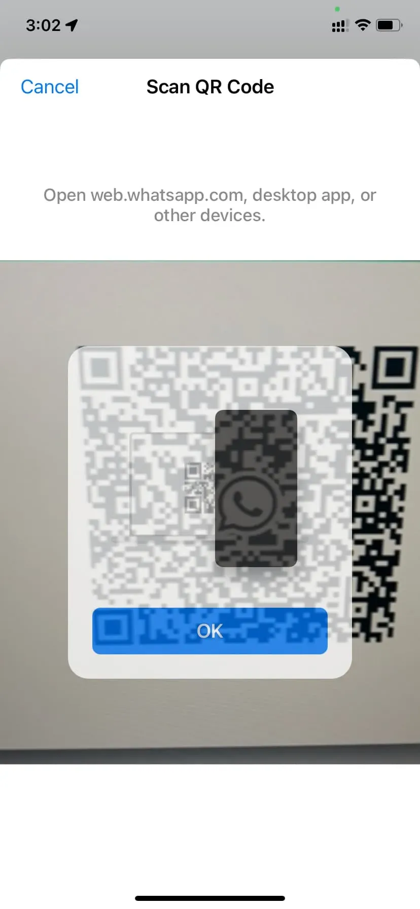 Scannez le code QR Web WhatsApp à l'aide de WhatsApp sur iPhone