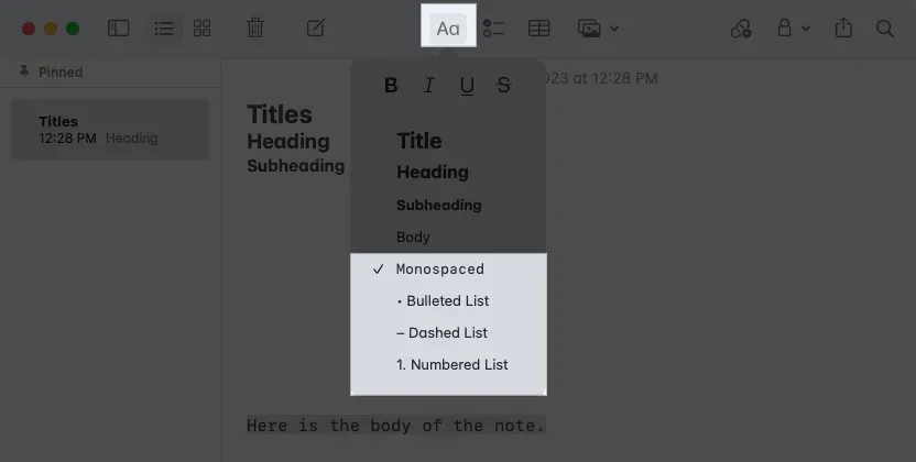 Wählen Sie in der Notizen-App auf dem Mac einen Formatstil aus