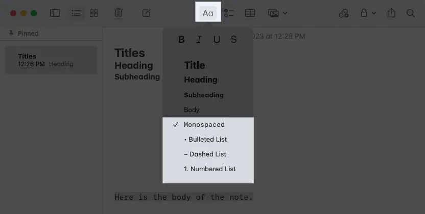 Sélectionnez un style de format dans l'application Notes sur Mac