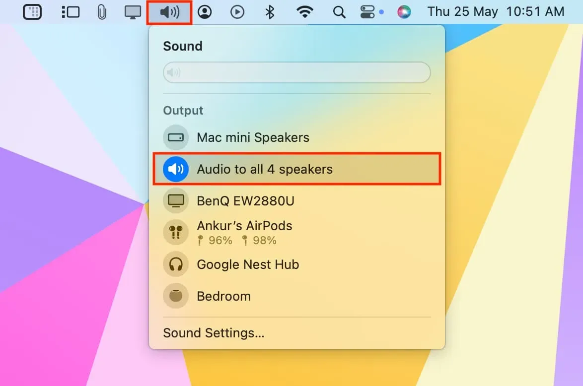 Vælg lydudgang for flere enheder fra Mac-menulinjen