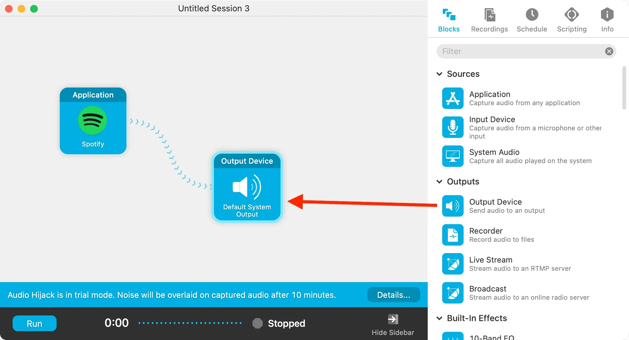 Stuur audio naar een uitgang in Audio Hijack