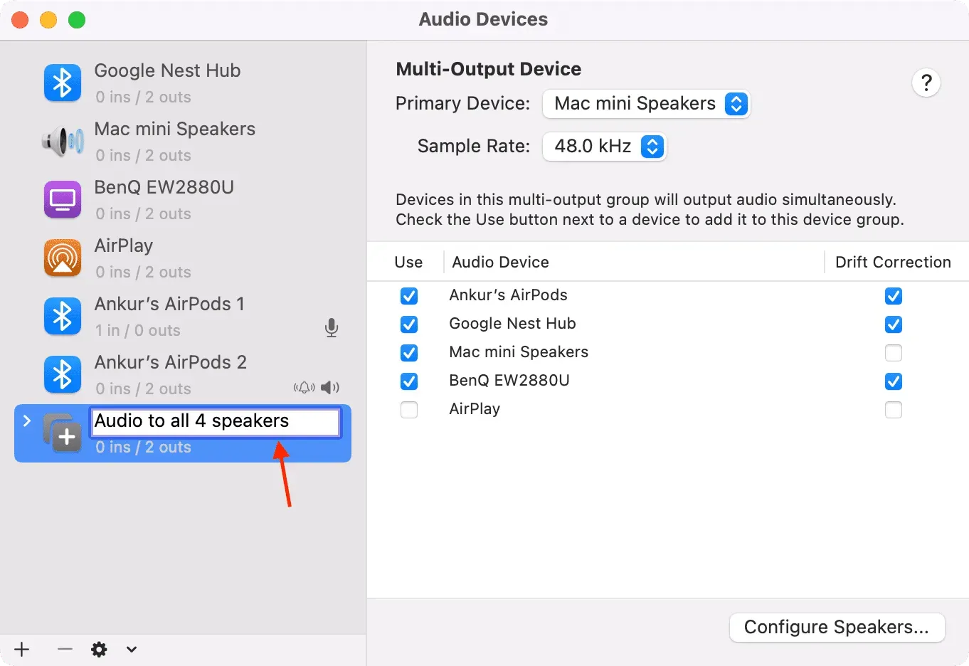 Stel een naam in voor Multi-Output Device in de Audio MIDI Setup-app op Mac