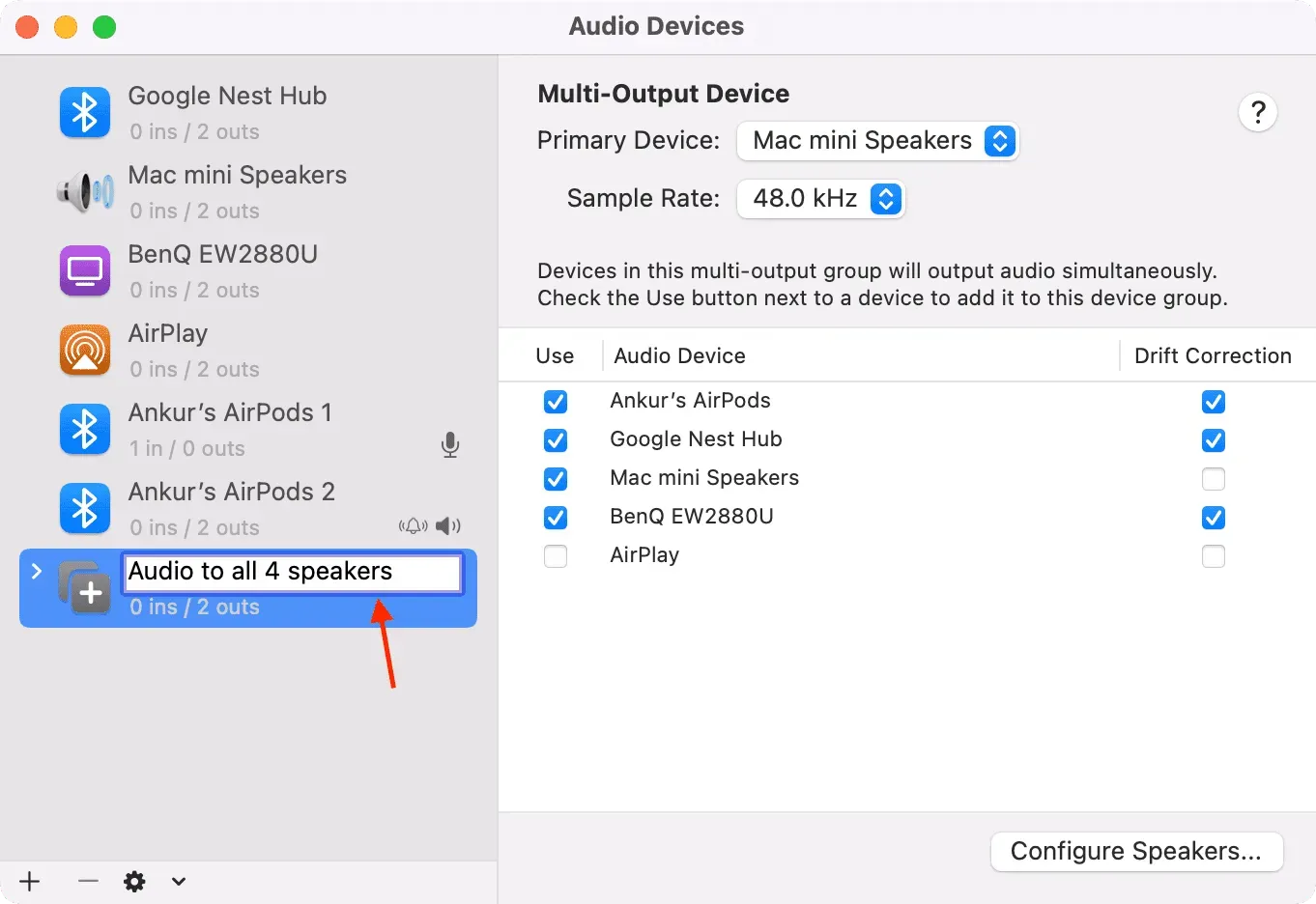 Définissez un nom pour le périphérique à sorties multiples dans l'application Audio MIDI Setup sur Mac