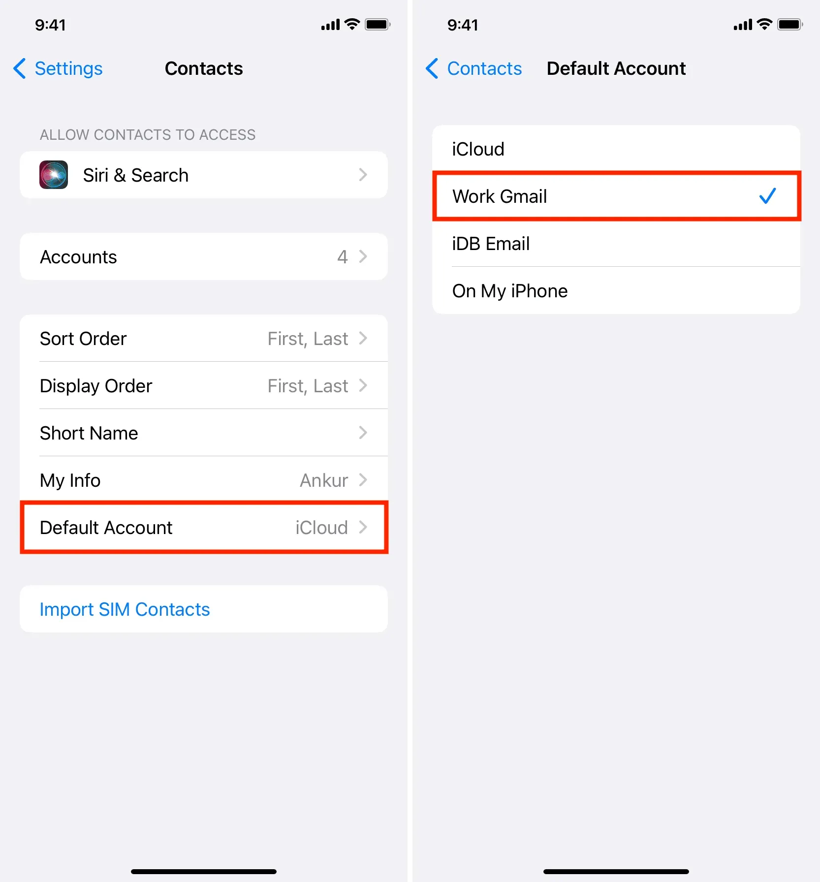 Set Google as default account for contacts on iPhone