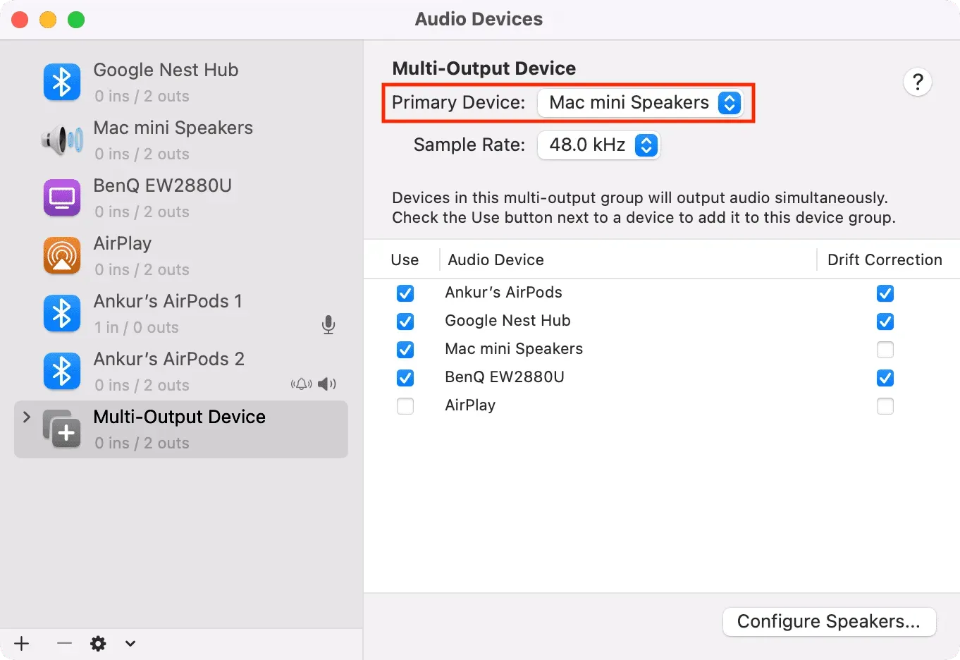 Stel Primary Device in Multi-Output Device setup op Mac in