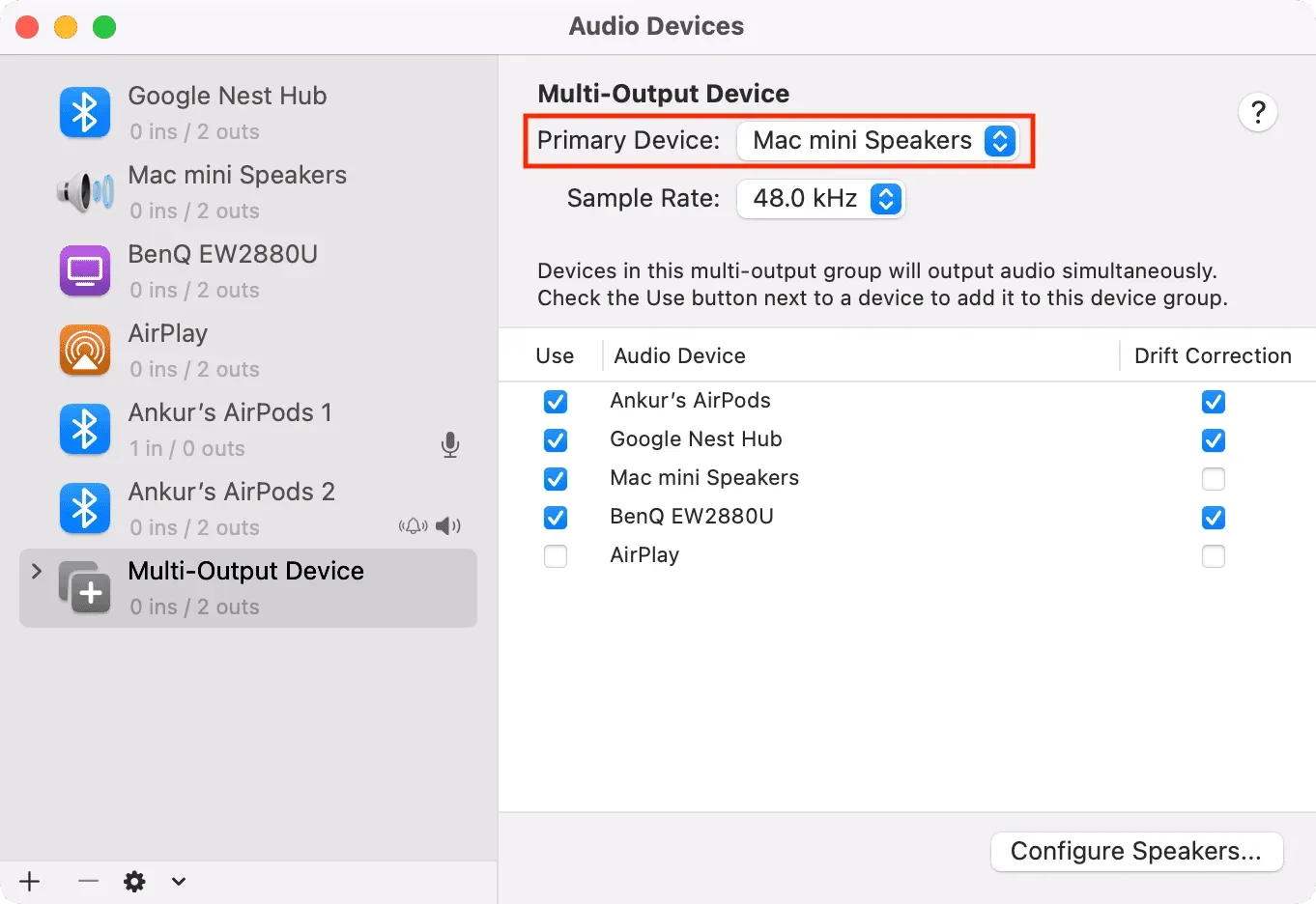 Set Primary Device in Multi-Output Device setup on Mac