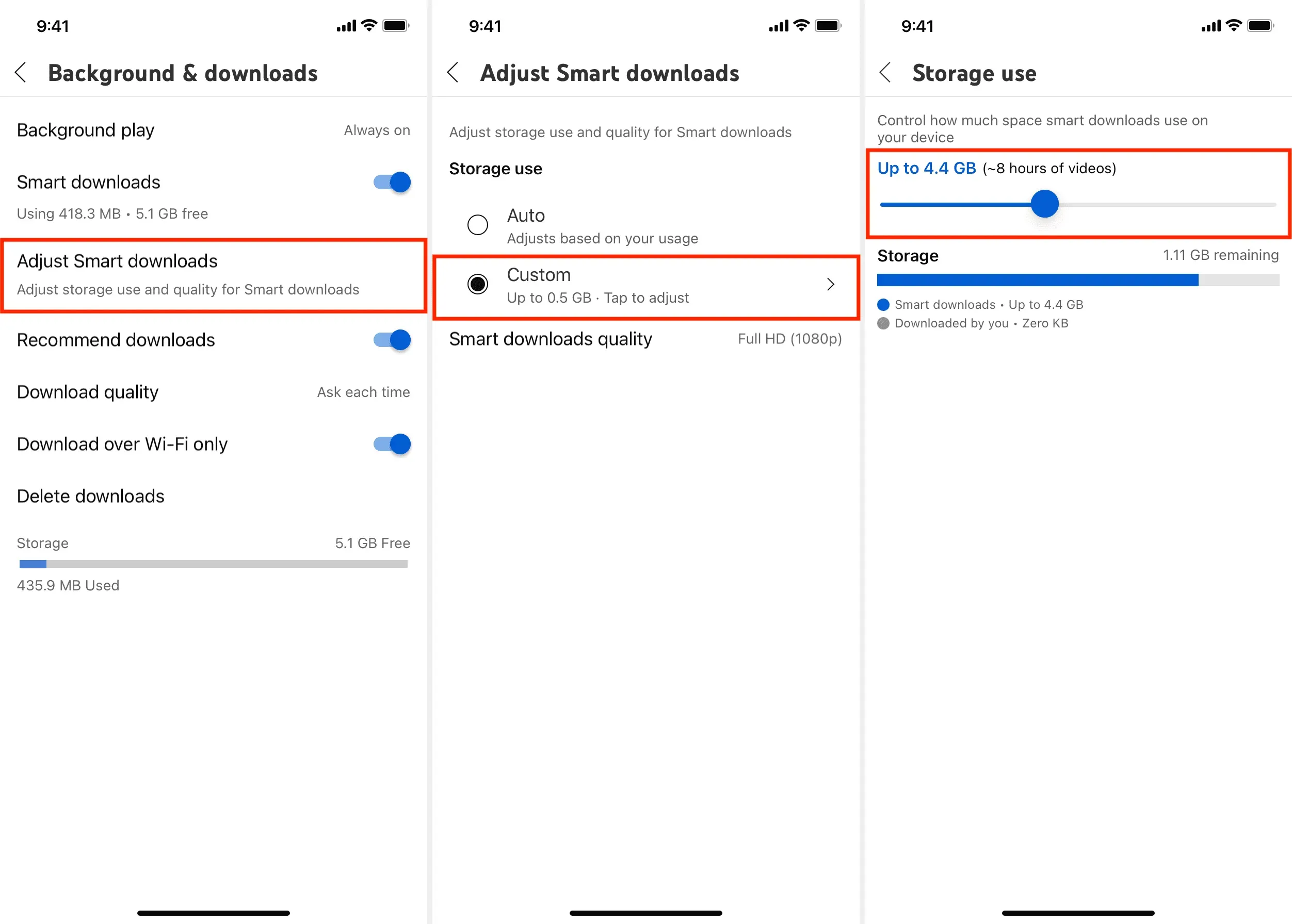 Set allowed storage for Smart downloads in YouTube app