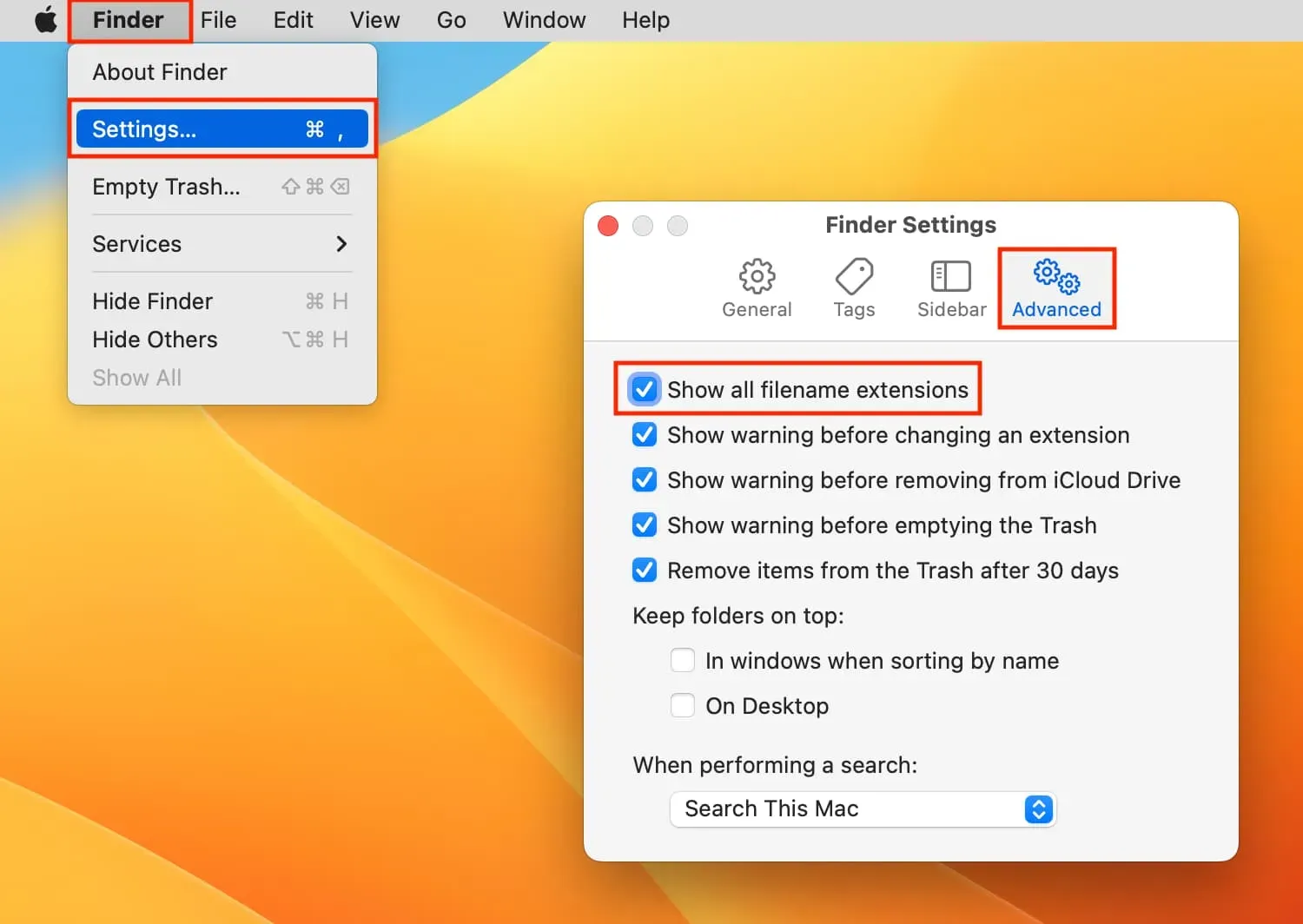 Show all filename extensions in Finder on Mac