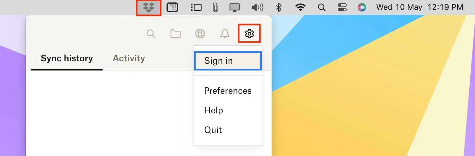 Connectez-vous à Dropbox à partir de la barre de menus Mac