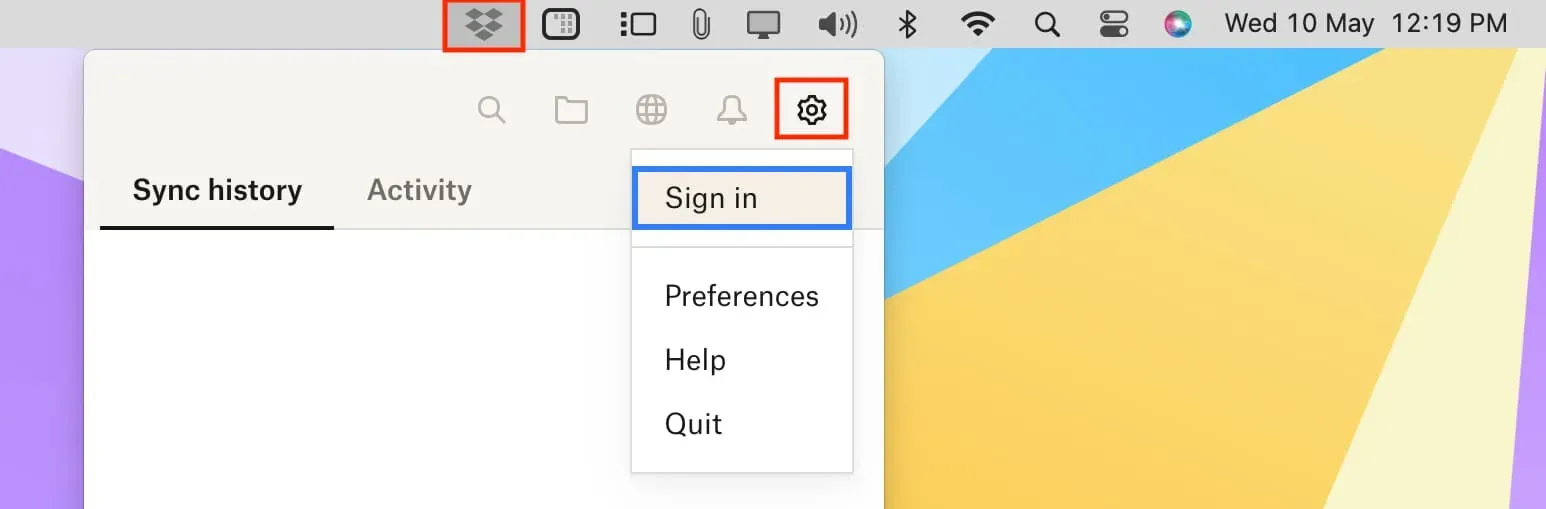 Mac のメニュー バーから Dropbox にサインインする