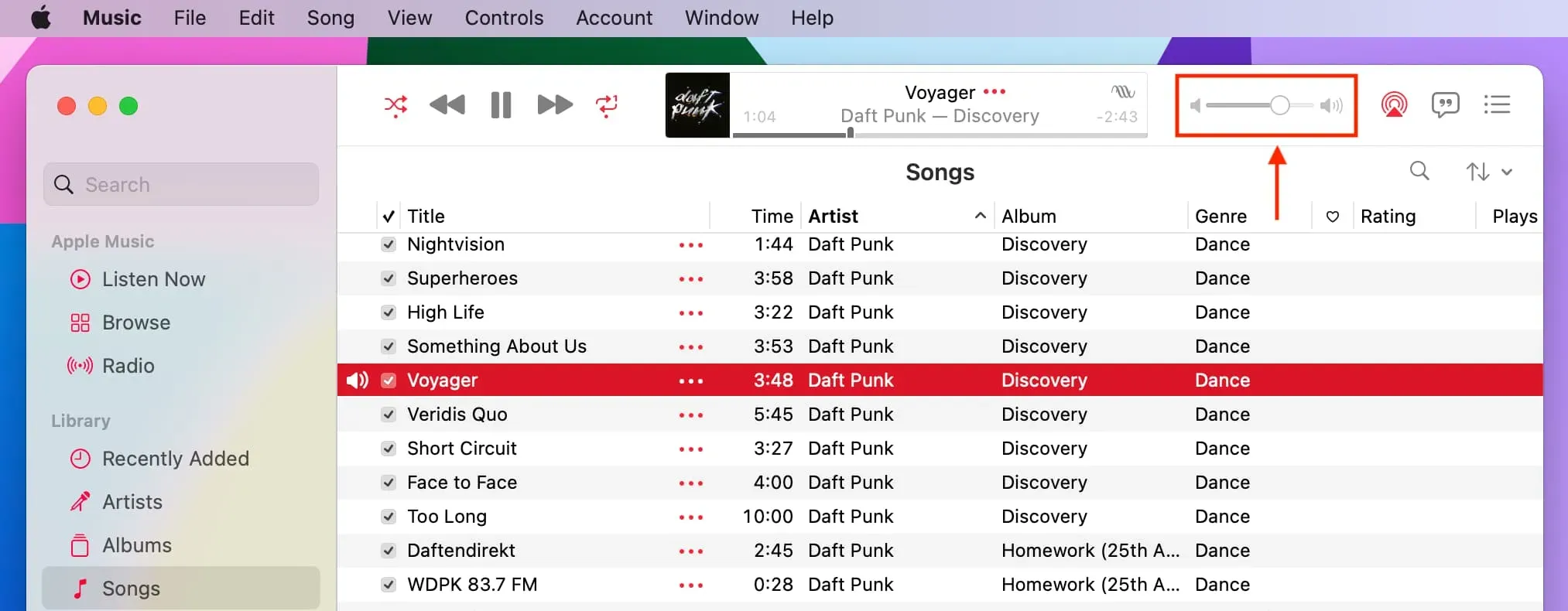 Sound-Schieberegler in der Musik-App auf dem Mac