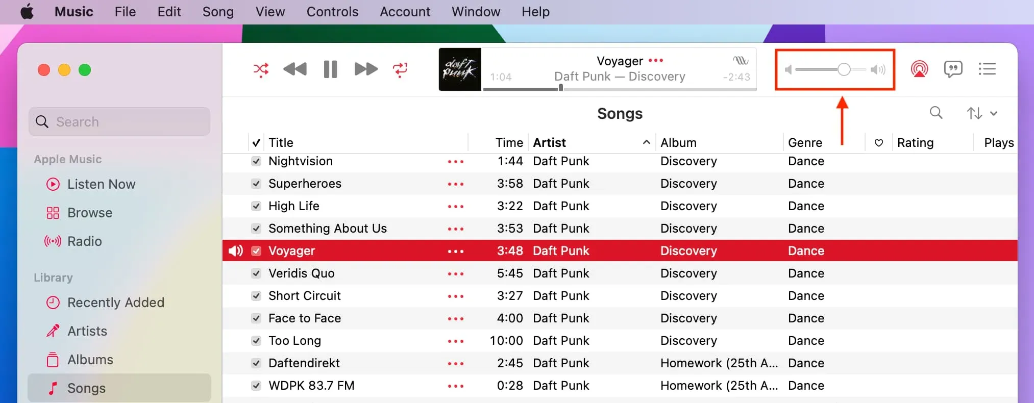 Ползунок звука в приложении «Музыка» на Mac