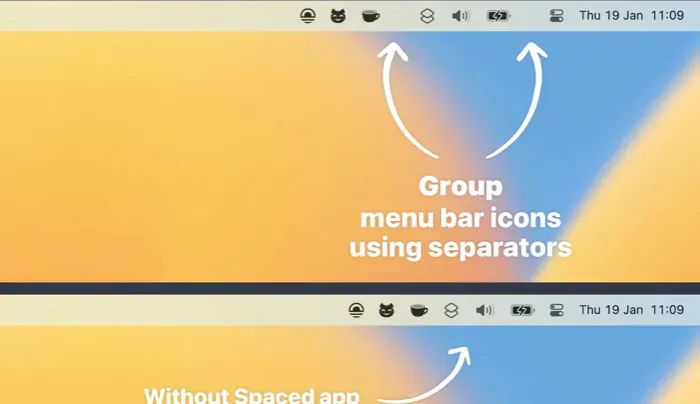 Capture d'écran de l'application de la barre de menus Mac espacée