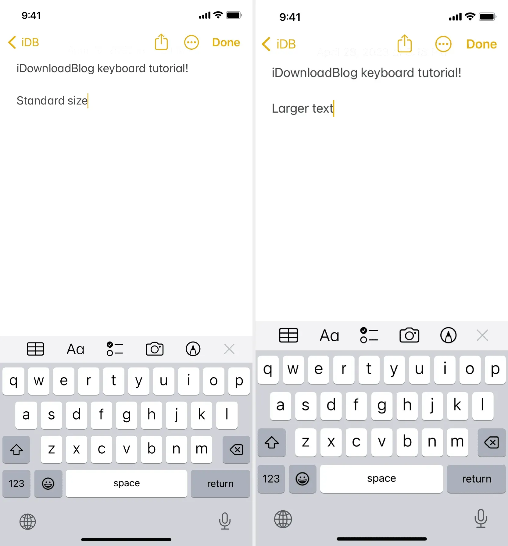 Standaard en grotere teksttoetsenborden op iPhone