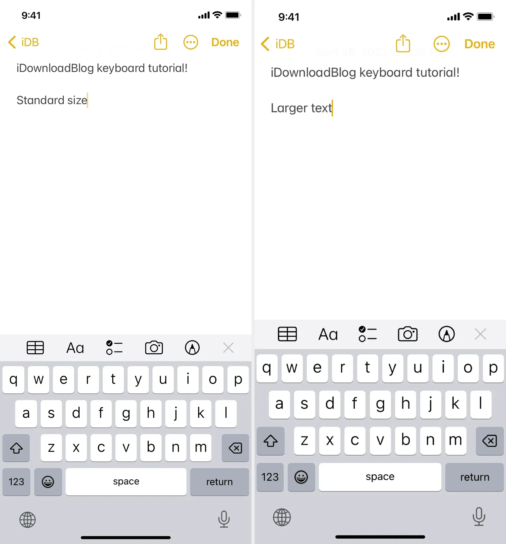 Teclados de texto estándar y más grandes en iPhone