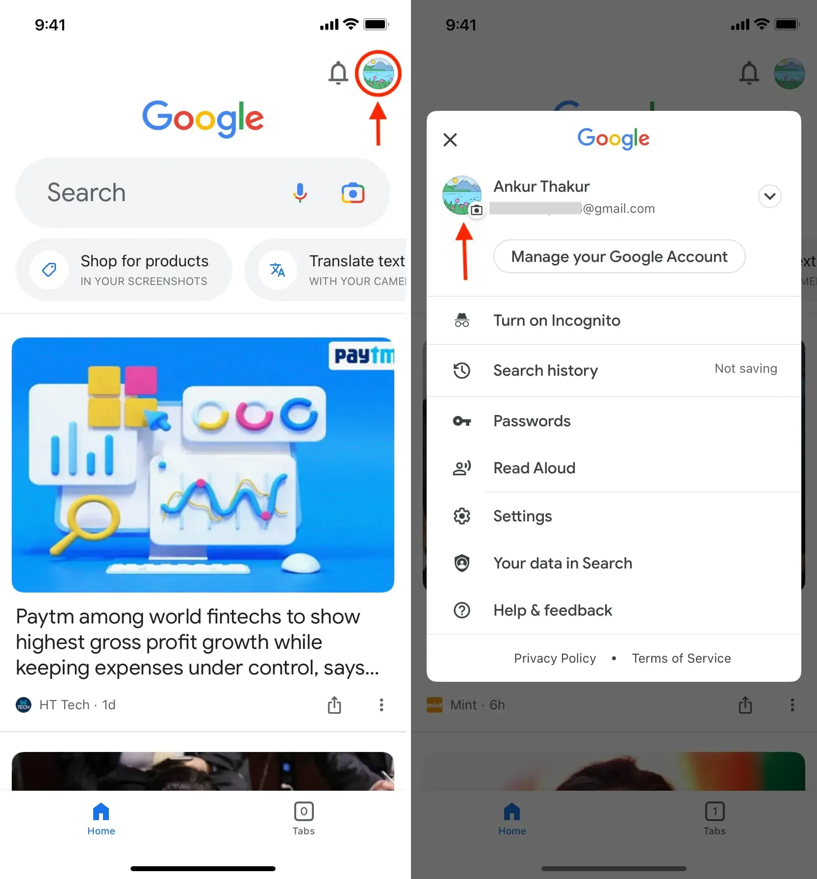 Tap your current Google profile picture on iPhone