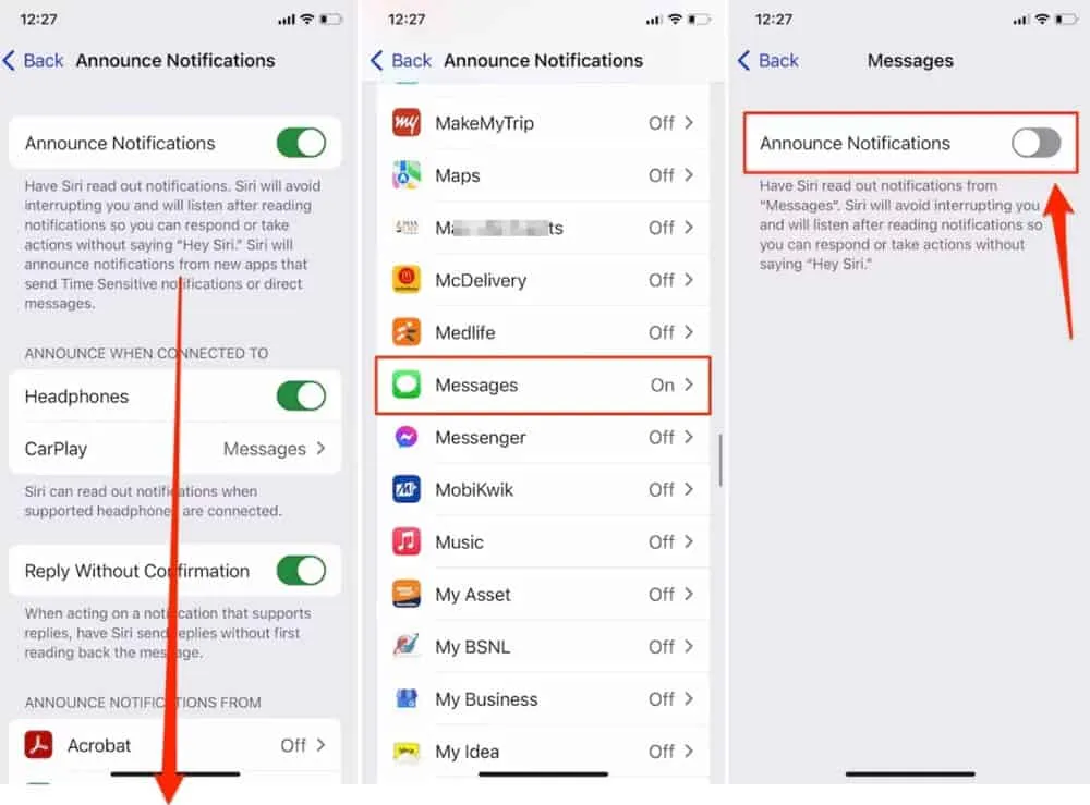 Steg för att inaktivera Siri för att automatiskt läsa textmeddelanden