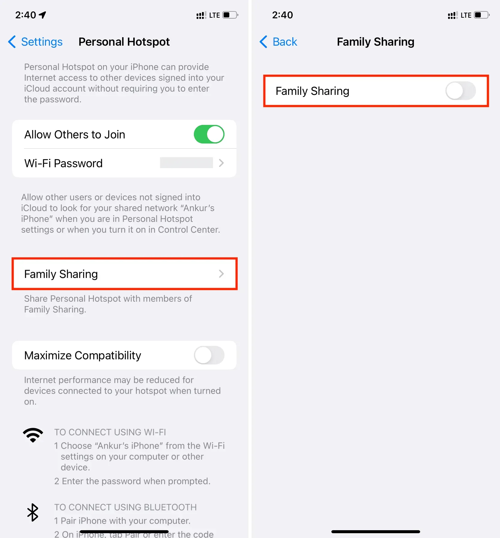 Schakel iPhone Personal Hotspot uit voor gezinsleden