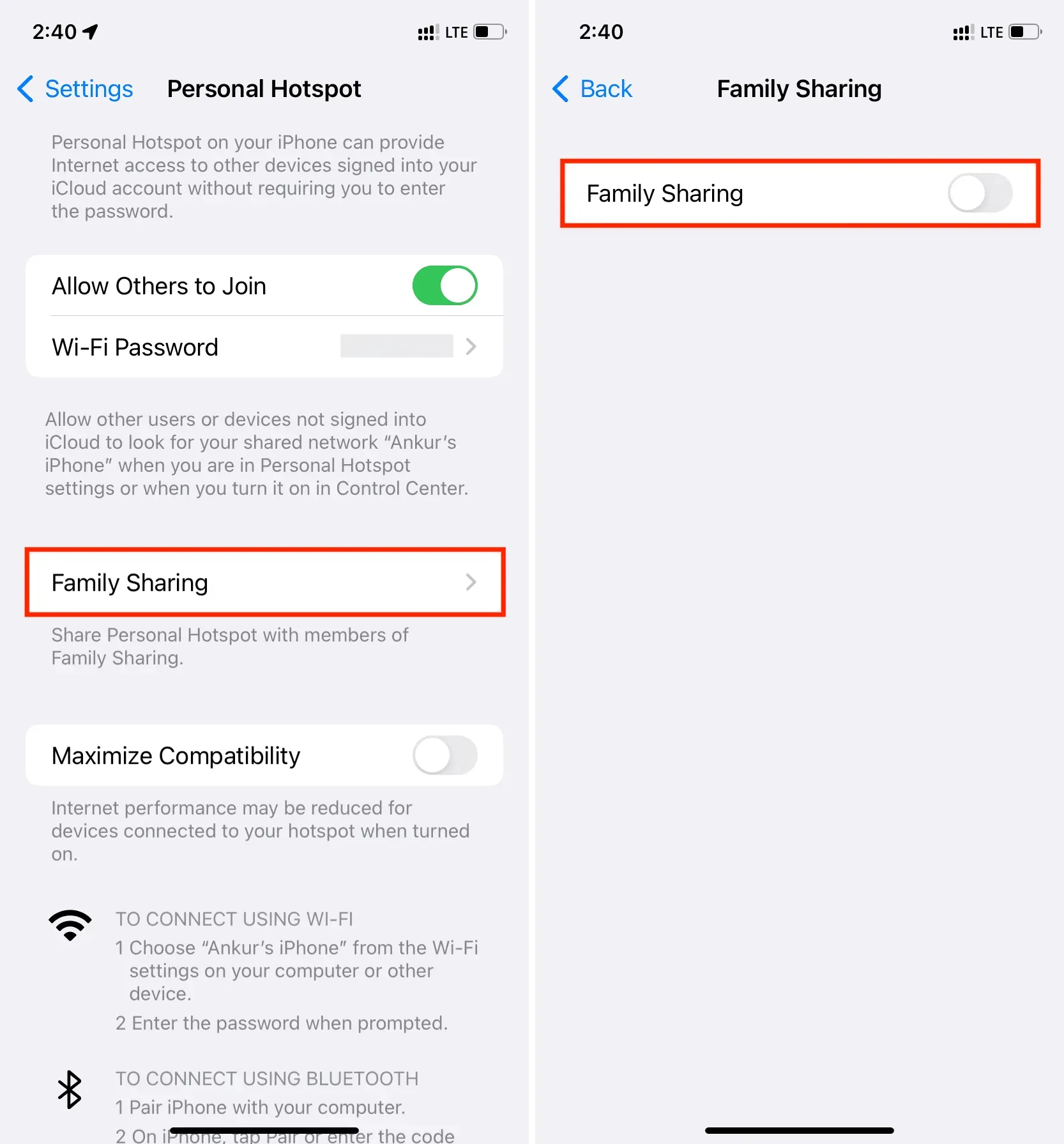 Desative o ponto de acesso pessoal do iPhone para membros da família