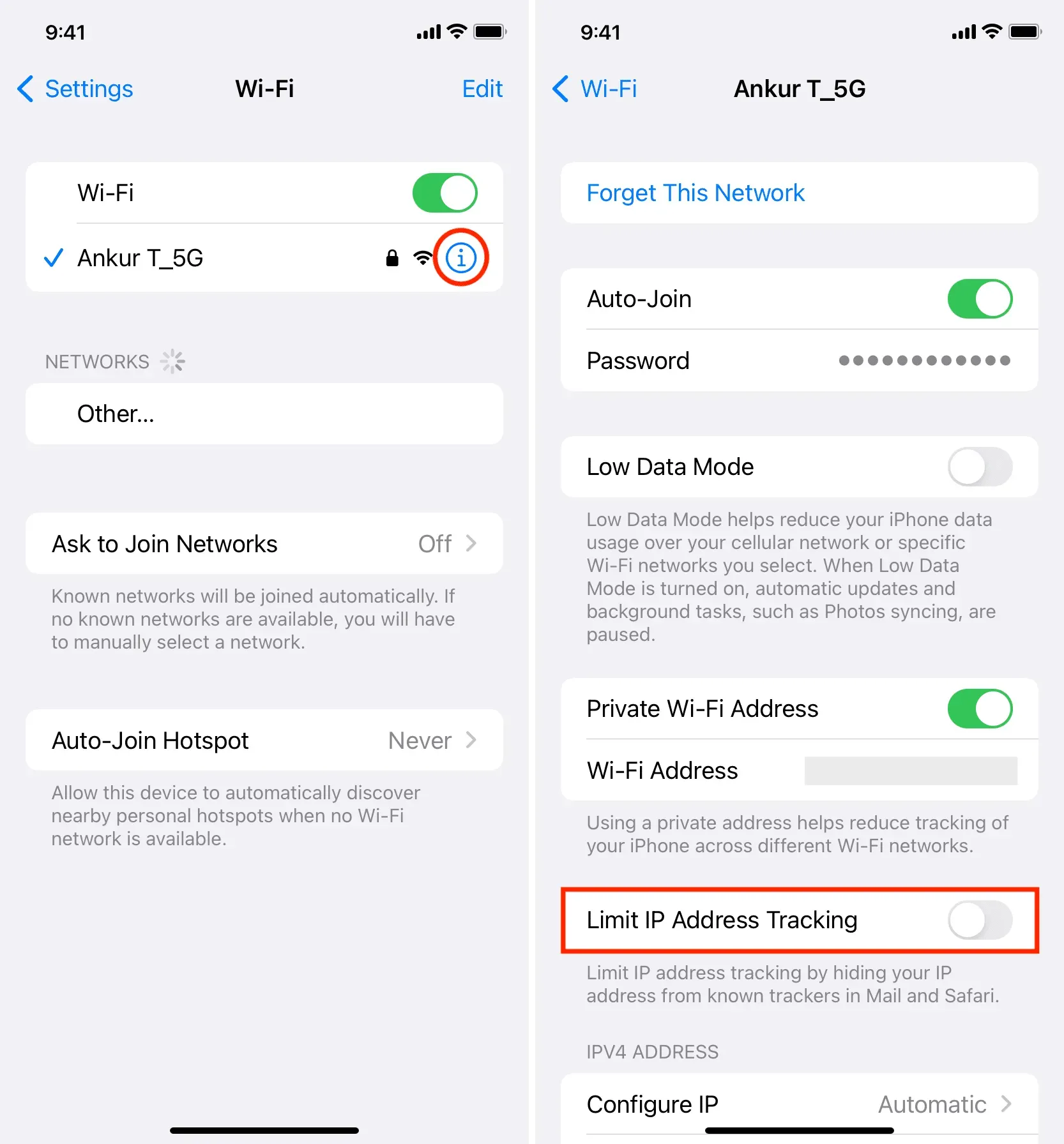 „Wi-Fi“ nustatymuose išjunkite „Limit IP Address Tracking“.