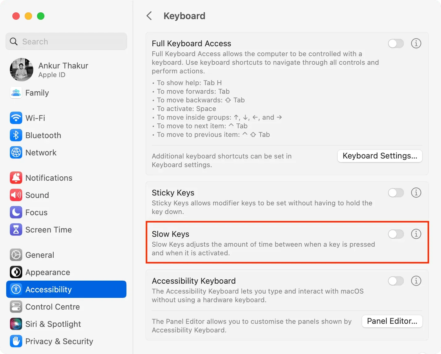 Stäng av långsamma tangenter i Mac Keyboard Accessibility-inställningar