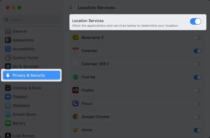 Turn ON Location Services on Mac