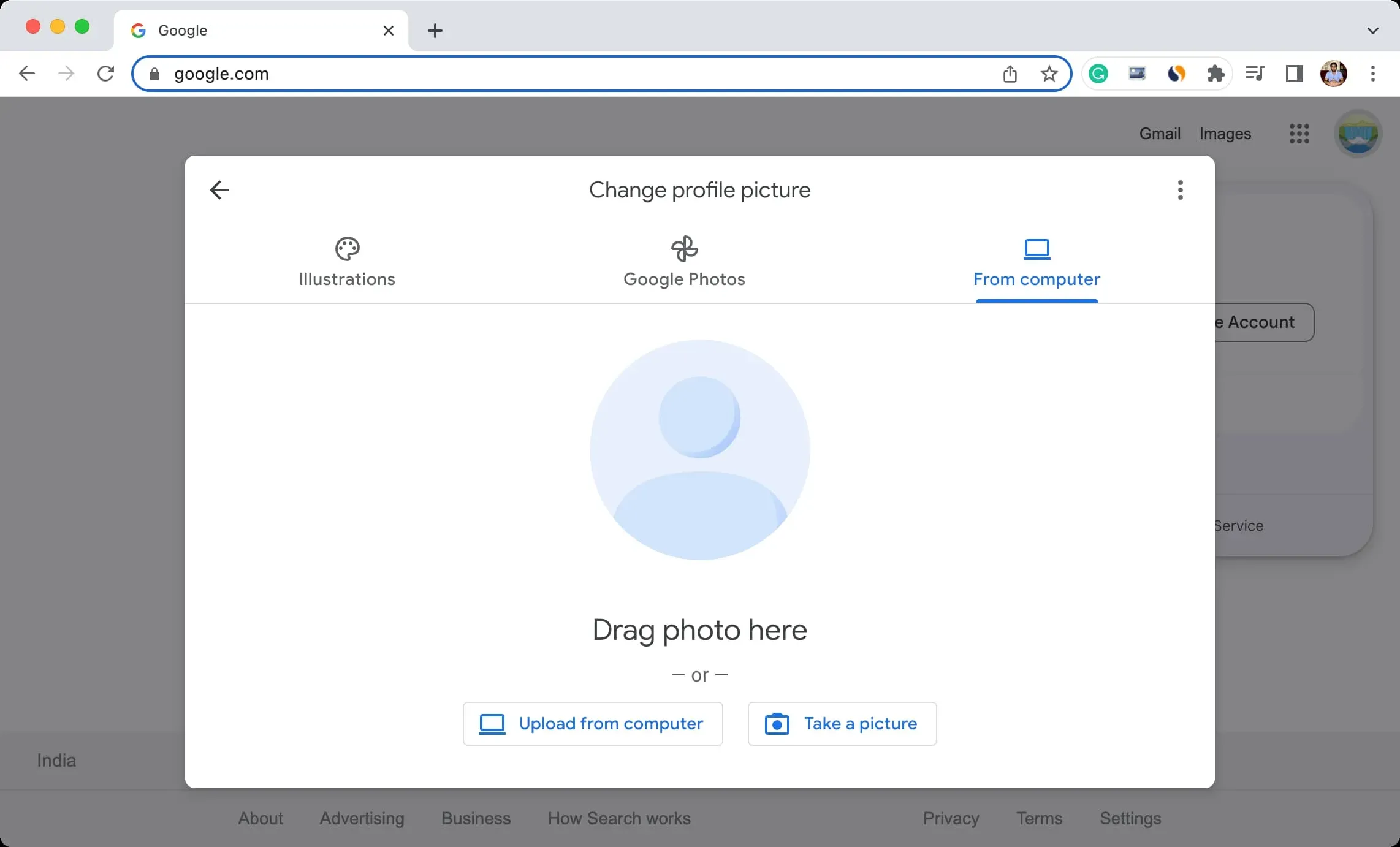 Загрузите новую фотографию профиля Google с компьютера
