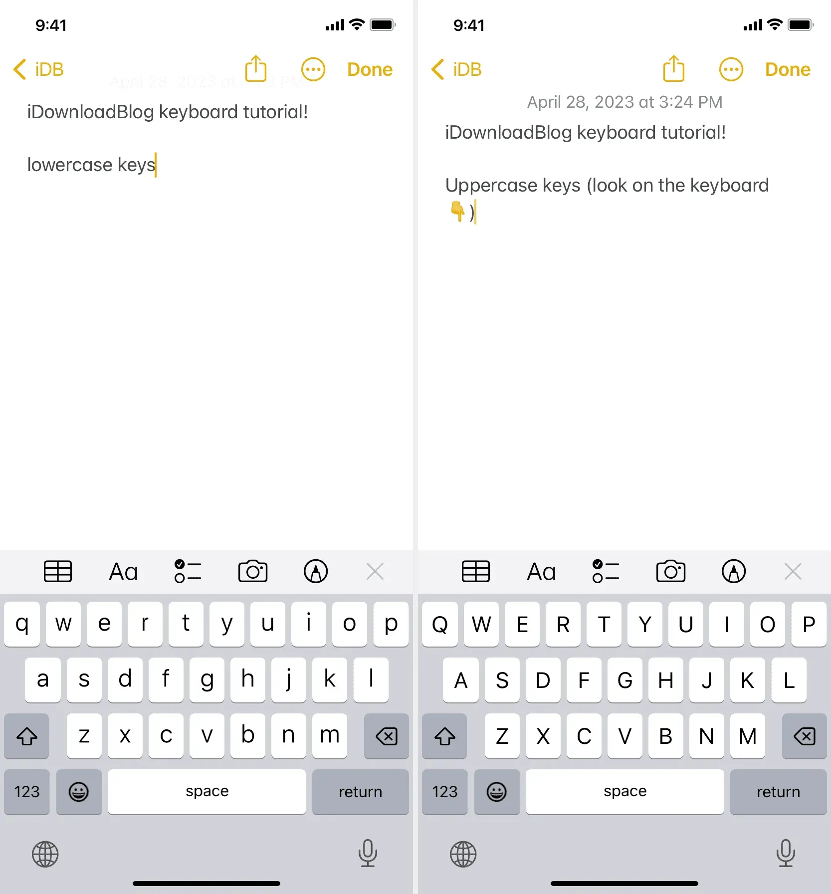 Uppercase keys keyboard on iPhone