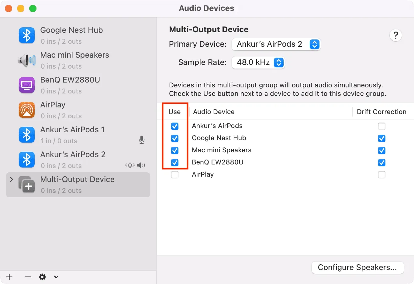 Kontrollera flera högtalare som ska användas i konfigurationen av multiutgångsenheter på Mac