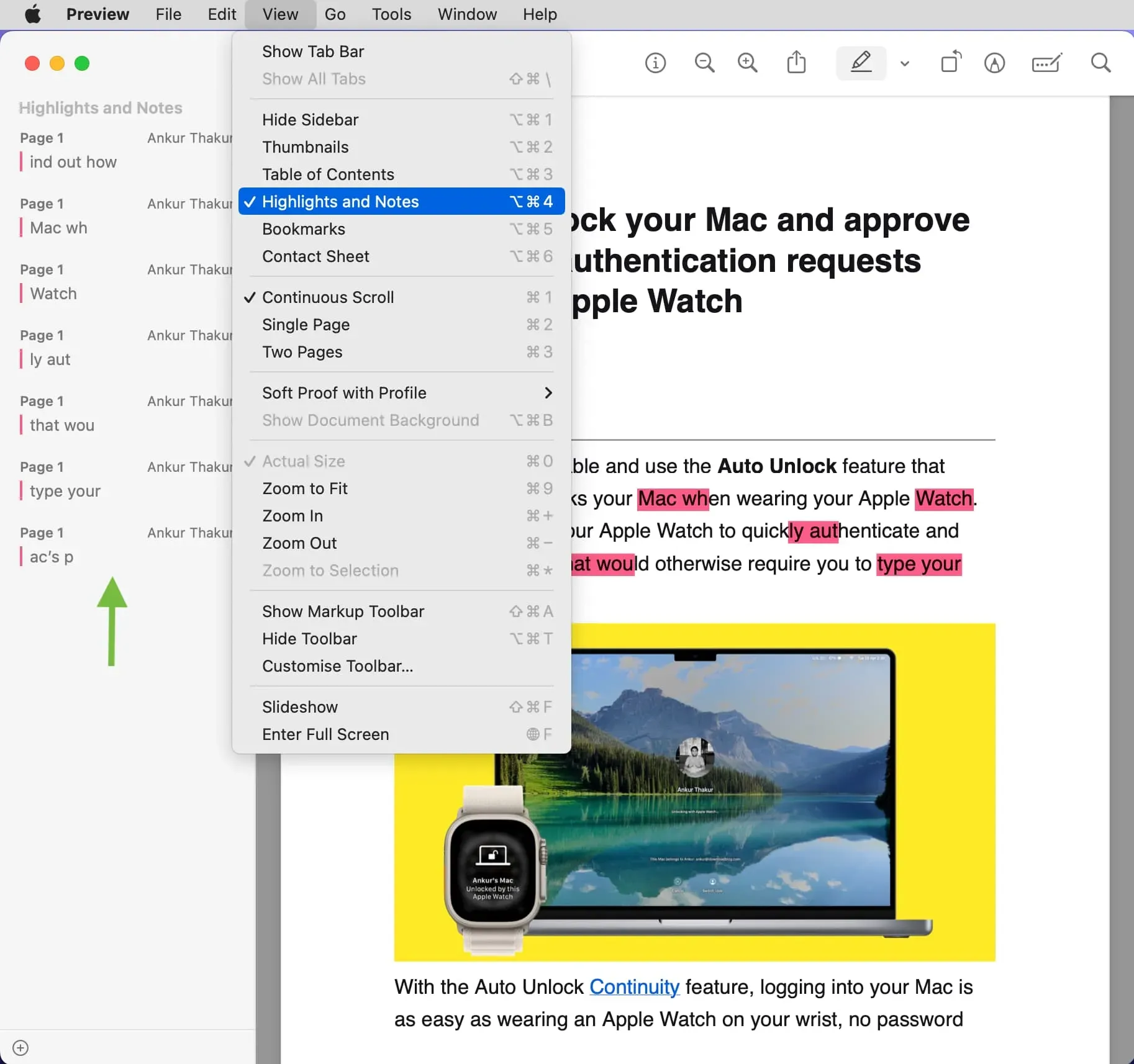 Просмотр выделенных фрагментов и заметок PDF в режиме предварительного просмотра на Mac