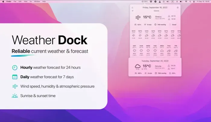 Capture d'écran de l'application de la barre de menus Weather Dock Mac