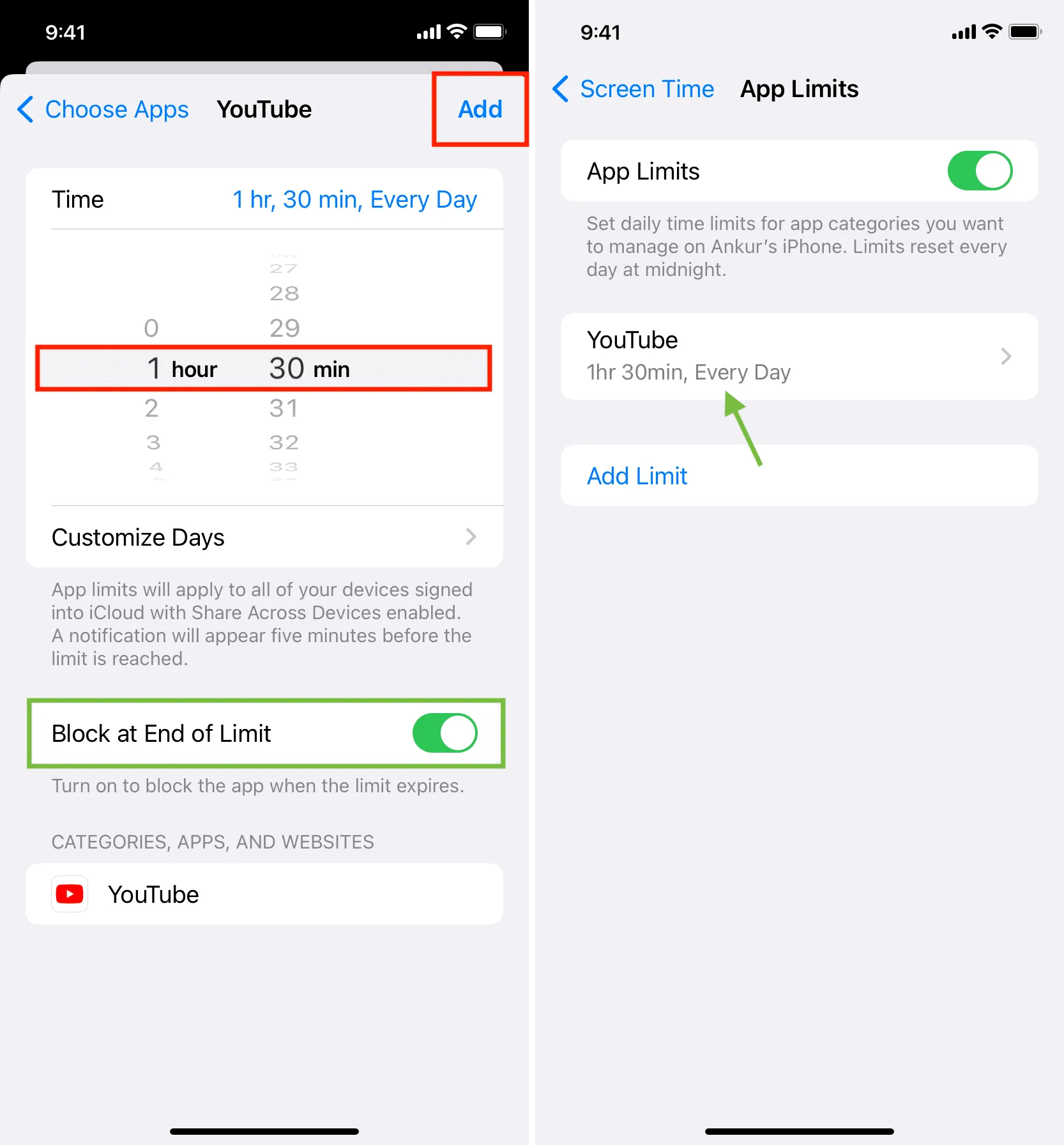 Add limit to YouTube and block at End of Limit on iPhone